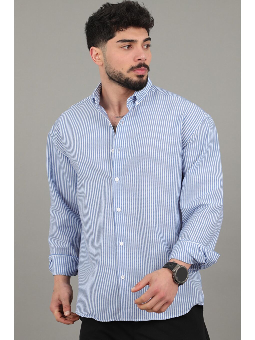 Mavi İnce Çizgili Oversize Yazlık Uzun Kol Gömlek MRS 218_40415