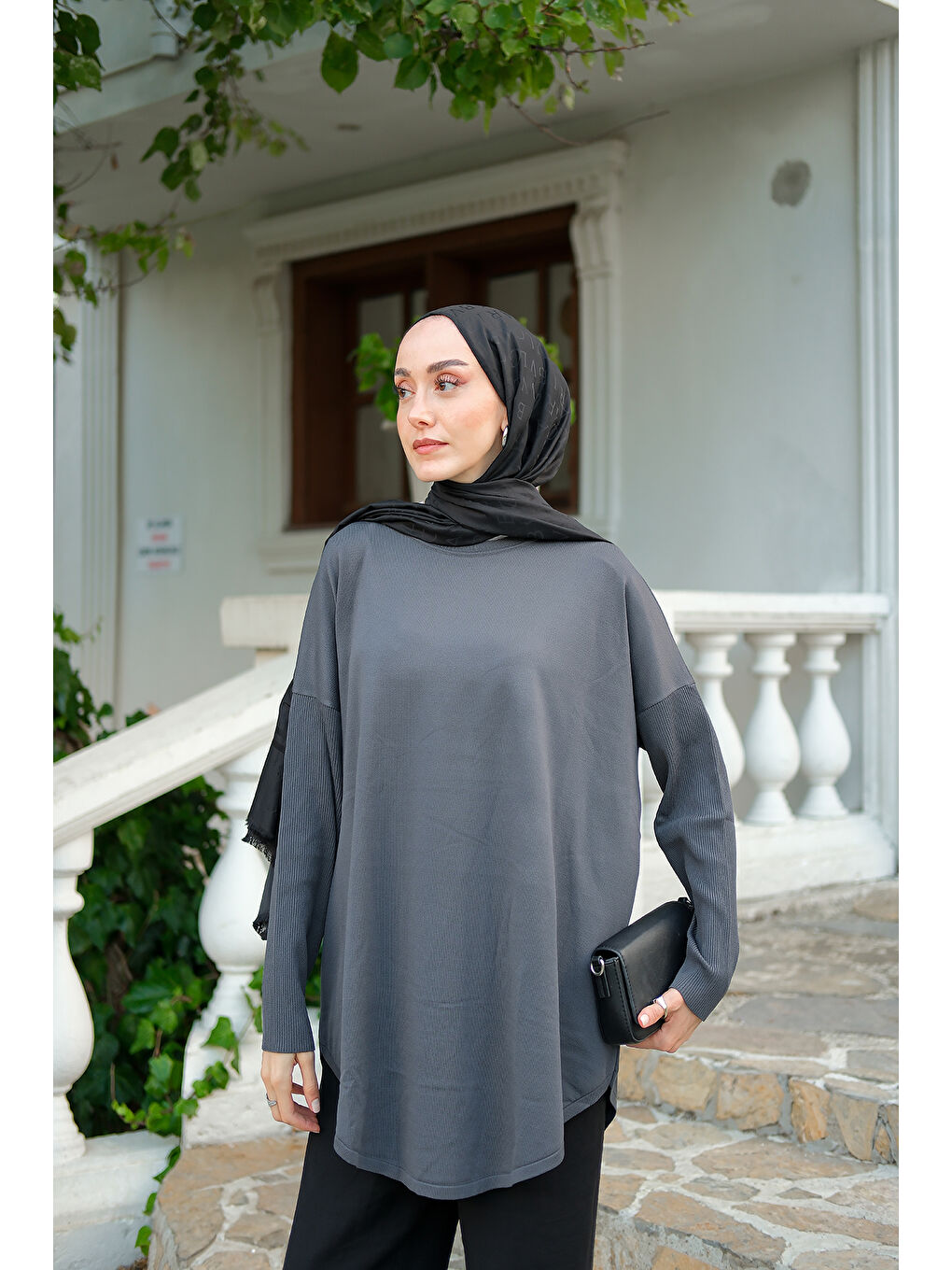 Gri Kadın Kol Lastik Detay Tunik Füme-3