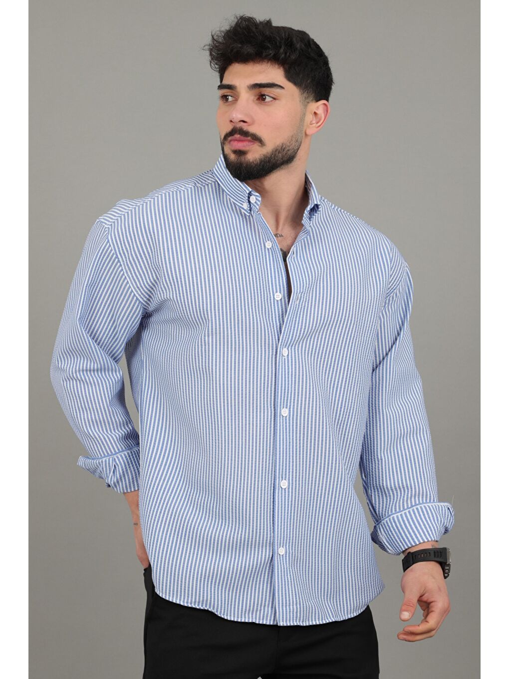 Mavi İnce Çizgili Oversize Yazlık Uzun Kol Gömlek MRS 218_40415-1