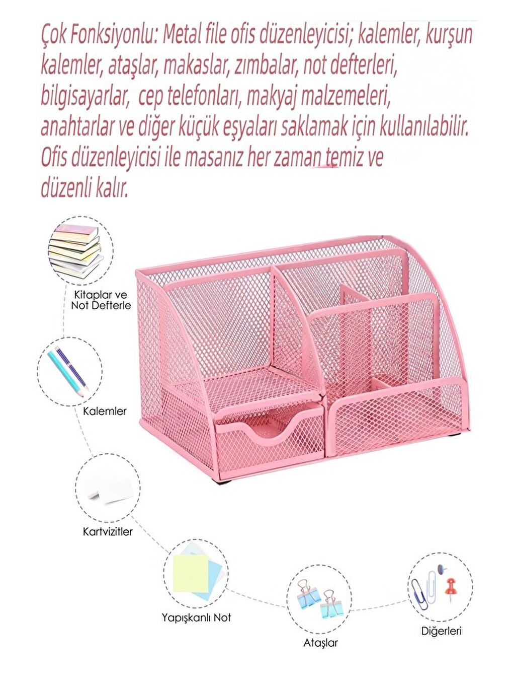 Beyaz Masaüstü Metal Kalemlik Seti 7 Bölmeli Fileli Masa Üstü Düzenleyici Küp Notluk Ataşlık Çekmece-3