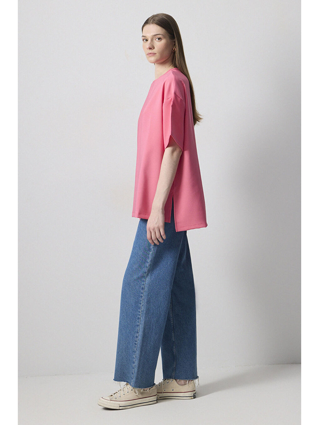 Pembe Kısa Kollu Krep T-Shırt-2