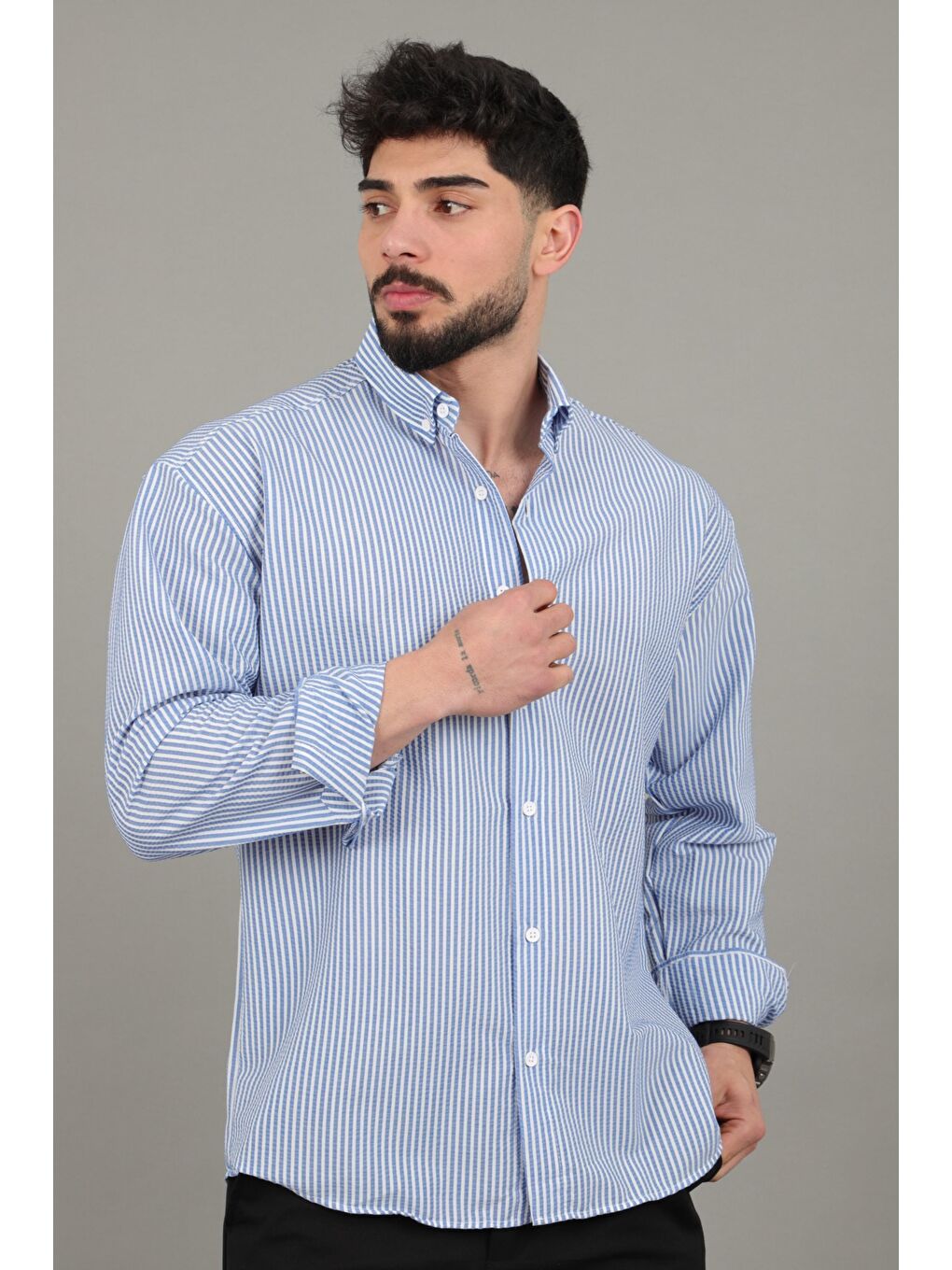 Mavi İnce Çizgili Oversize Yazlık Uzun Kol Gömlek MRS 218_40415-2