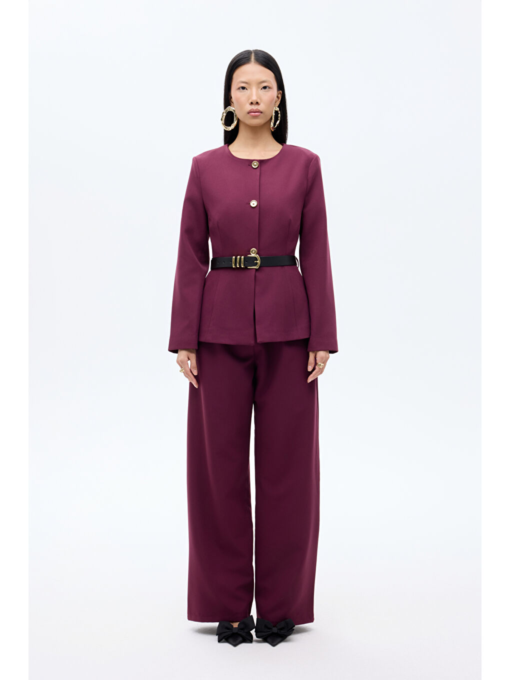 Kemer Aksesuarlı Yuvarlak Yaka Ceket Mürdüm-3