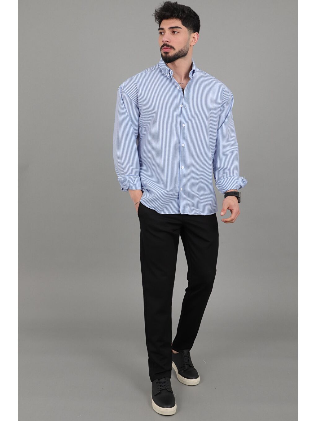 Mavi İnce Çizgili Oversize Yazlık Uzun Kol Gömlek MRS 218_40415-3