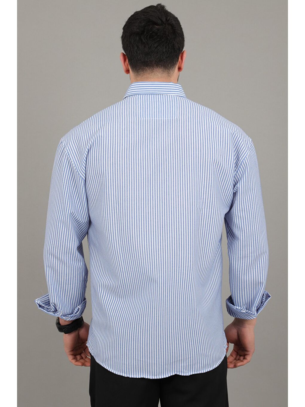 Mavi İnce Çizgili Oversize Yazlık Uzun Kol Gömlek MRS 218_40415-4