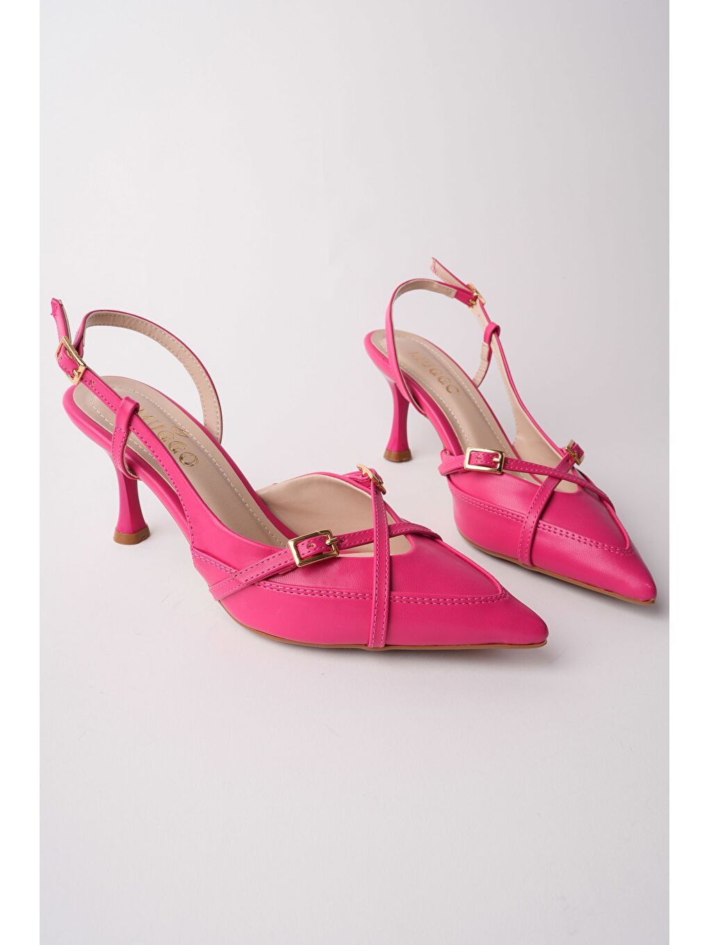 Fuşya İCONS Sivri Burun Arkası Açık Kemer Detaylı İki Bantlı Kadın Topuklu Ayakkabı-4