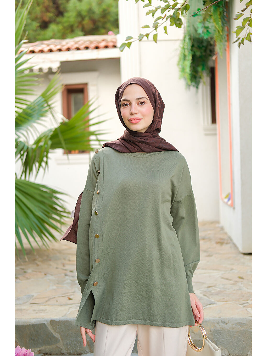 Kadın Ön Düğme Detay Tunik Çağla Yeşil-1