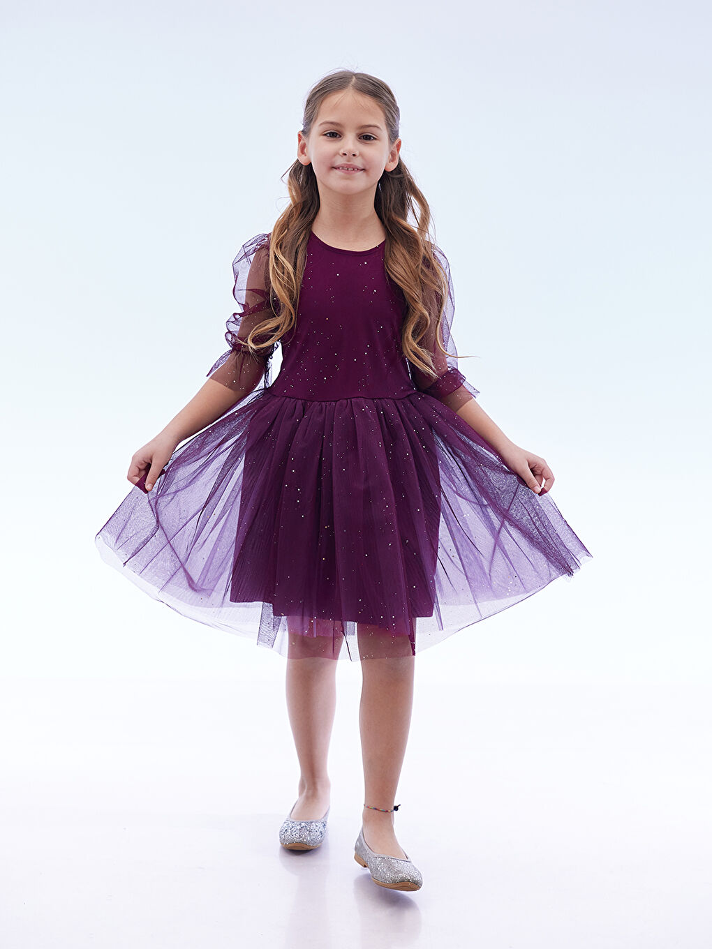 Mor Kız Çocuk Yıldız Baskılı Trend Tül Elbise AK2246-1
