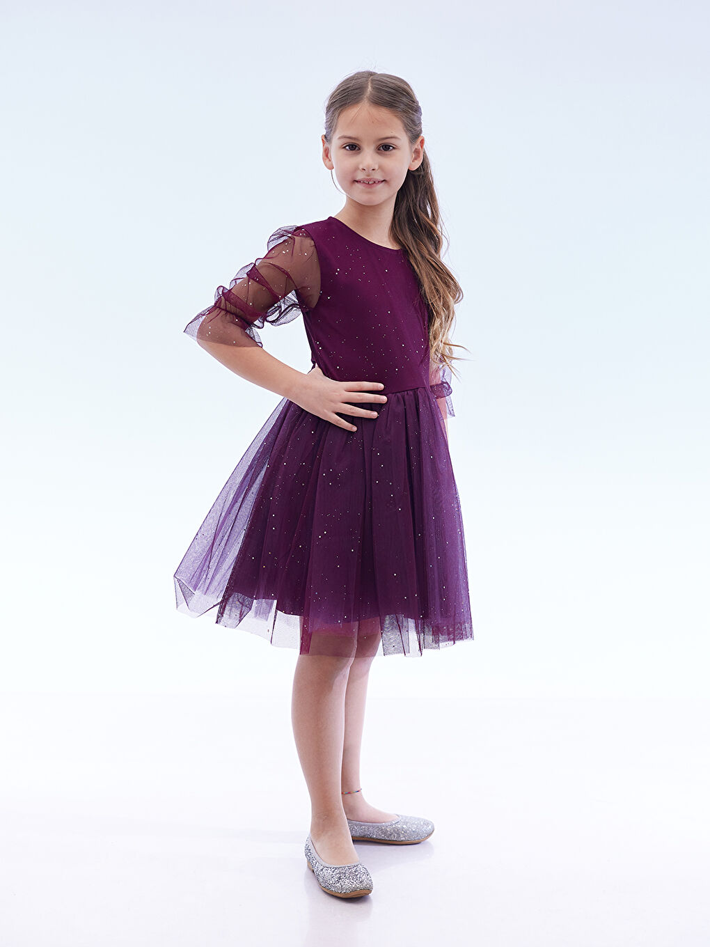 Mor Kız Çocuk Yıldız Baskılı Trend Tül Elbise AK2246-3