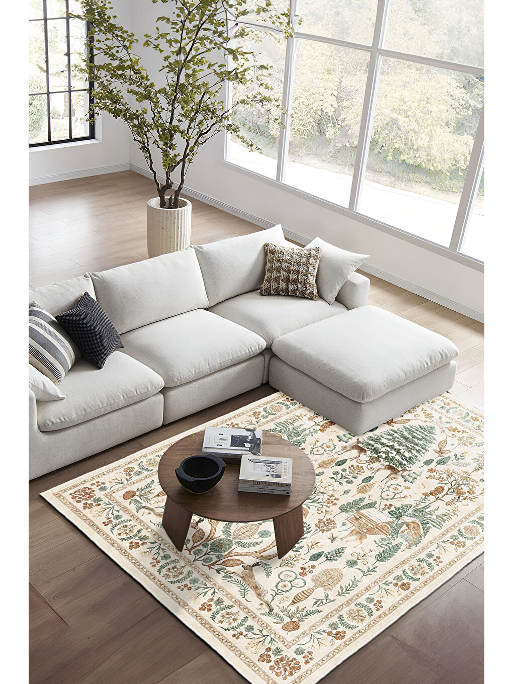 Bej Dekoratif Özel Tasarım Yıkanabilir İnce Kaymaz Tabanlı Modern Halı KECE FR25-1