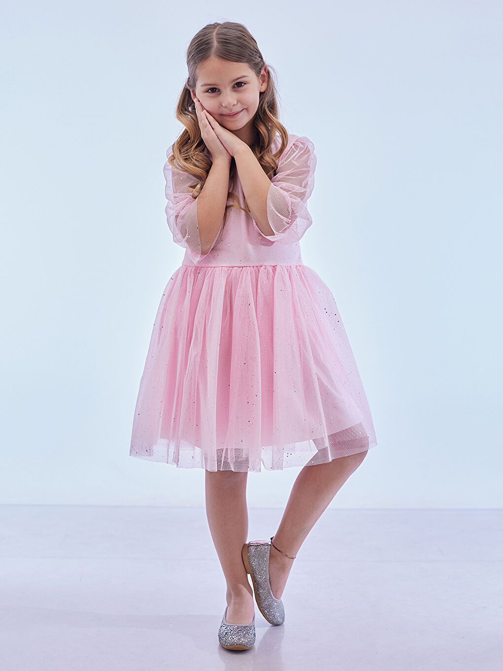 Pembe Kız Çocuk Yıldız Baskılı Trend Tül Elbise AK2246-2