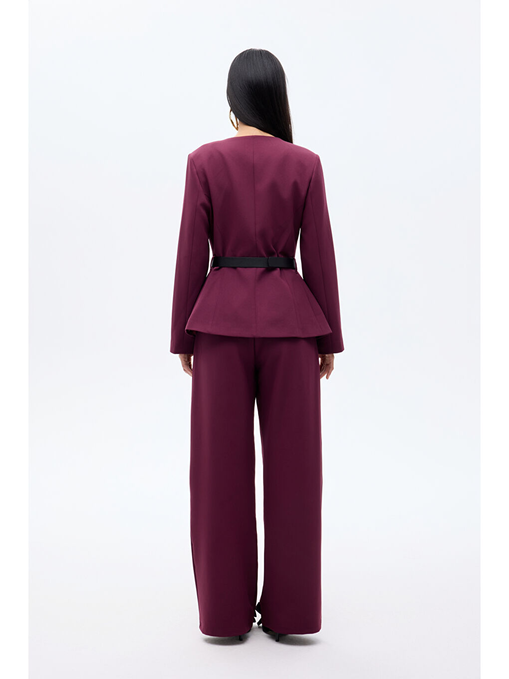 Kemer Aksesuarlı Yuvarlak Yaka Ceket Mürdüm-4