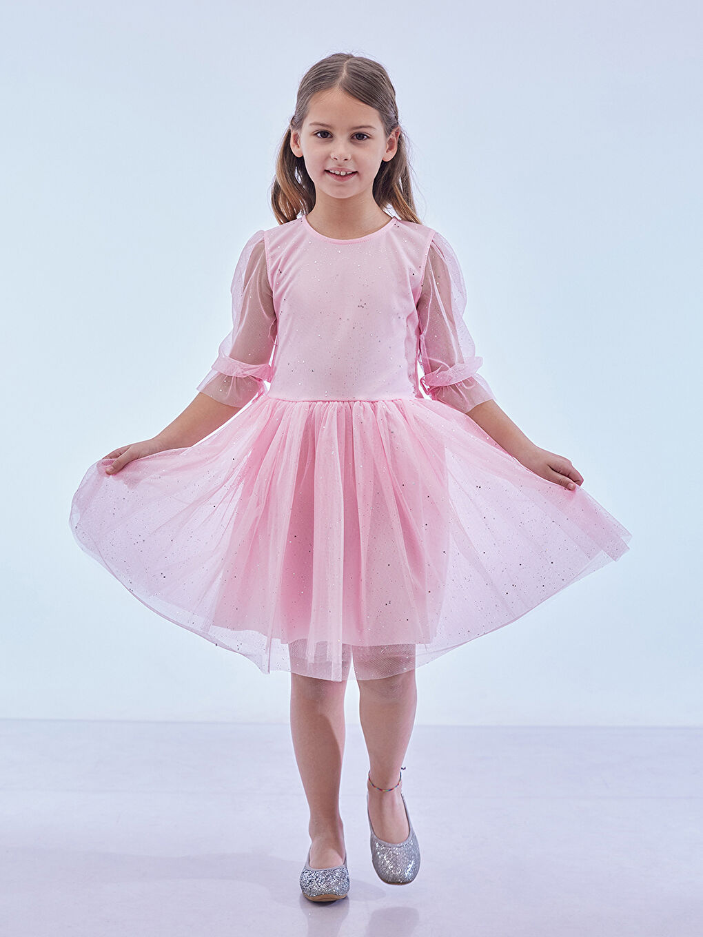 Pembe Kız Çocuk Yıldız Baskılı Trend Tül Elbise AK2246-3