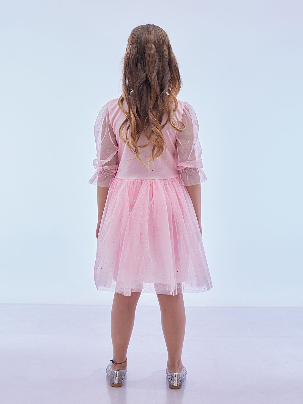 Pembe Kız Çocuk Yıldız Baskılı Trend Tül Elbise AK2246-4