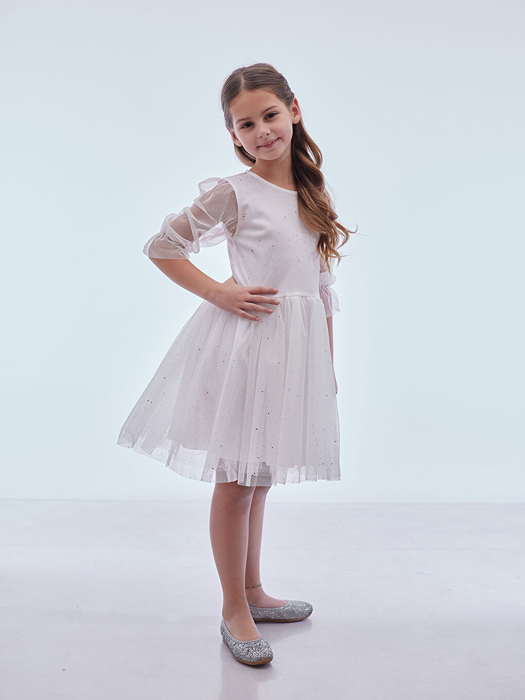 Beyaz Kız Çocuk Yıldız Baskılı Trend Tül Elbise AK2246-1