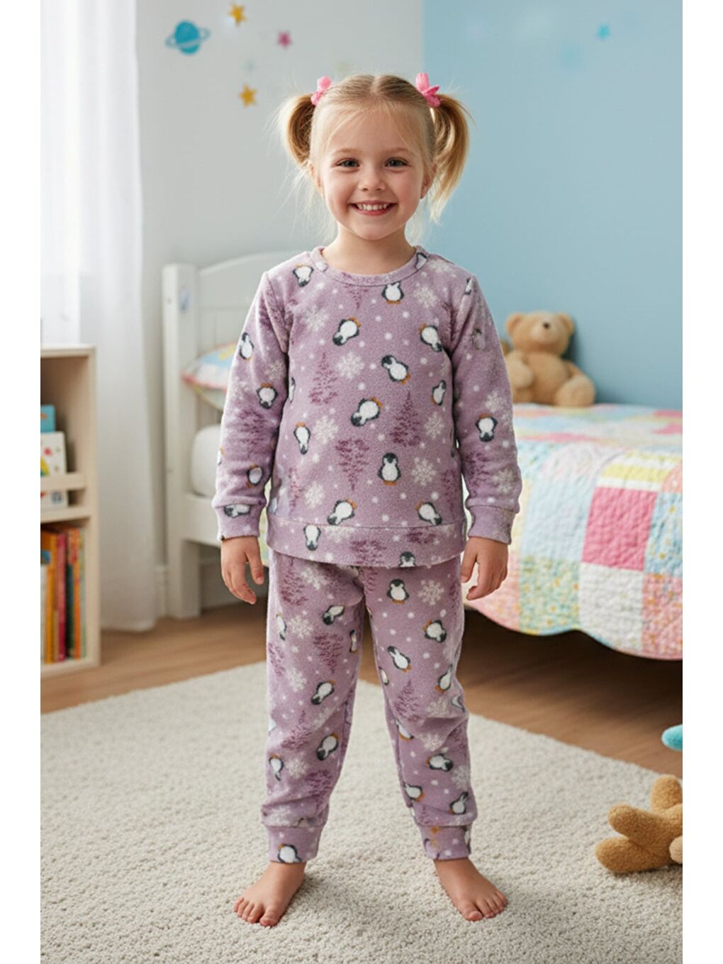 Mor Penguen Desenli Polar Unisex Çocuk Pijama Takımı