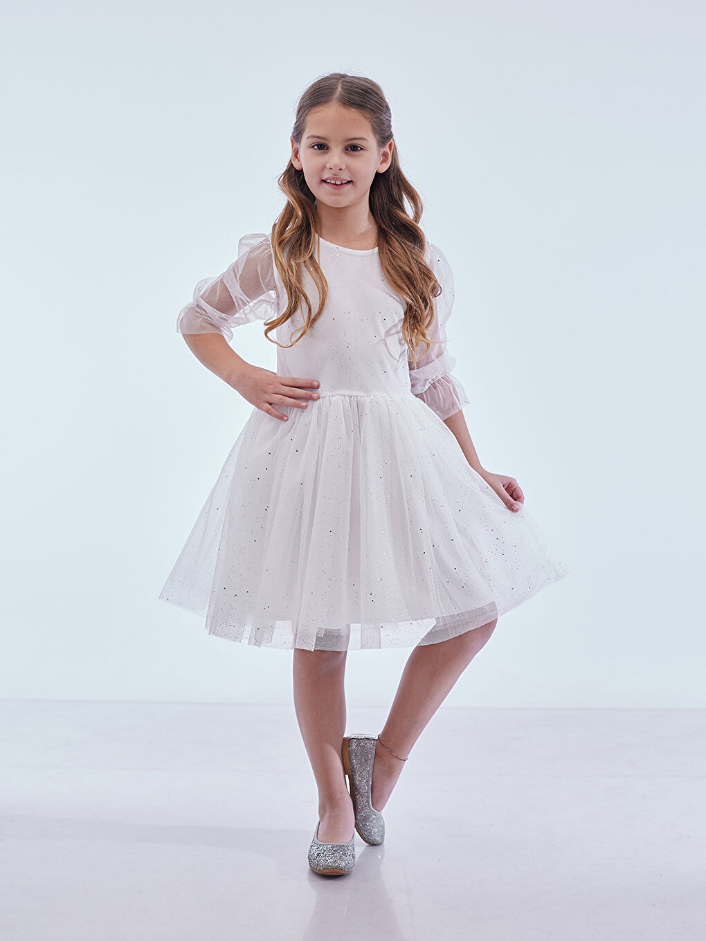 Beyaz Kız Çocuk Yıldız Baskılı Trend Tül Elbise AK2246-3