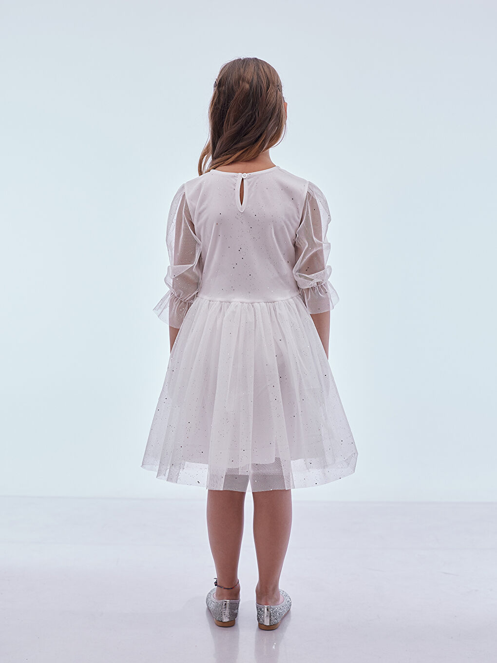 Beyaz Kız Çocuk Yıldız Baskılı Trend Tül Elbise AK2246-4