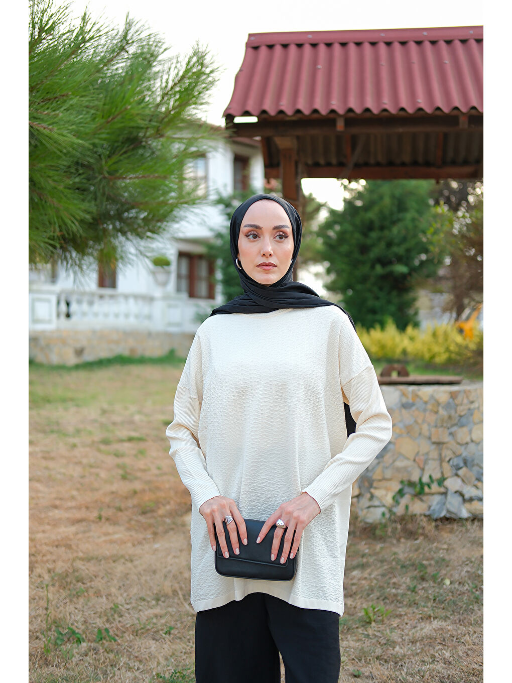 Kadın Kendinden Desenli Tunik Ekru-1