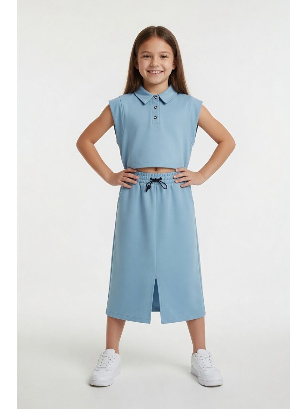 Açık Mavi Sıfır Kol Crop ve Yırtmaç Detaylı Etekli Kız Çocuk Alt Üst Takım 24007-1
