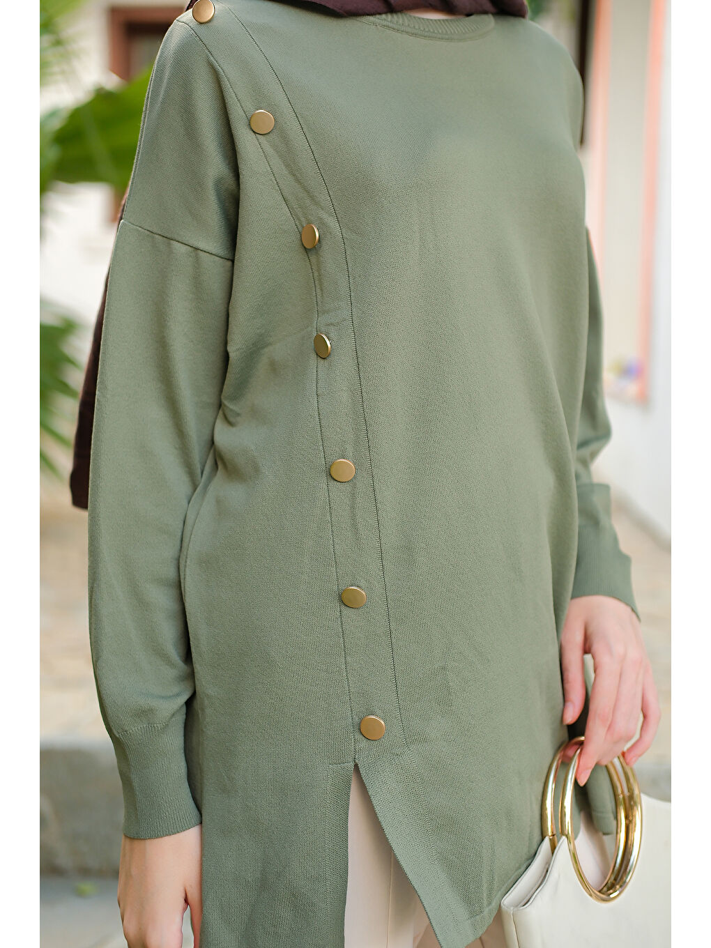 Kadın Ön Düğme Detay Tunik Çağla Yeşil-2