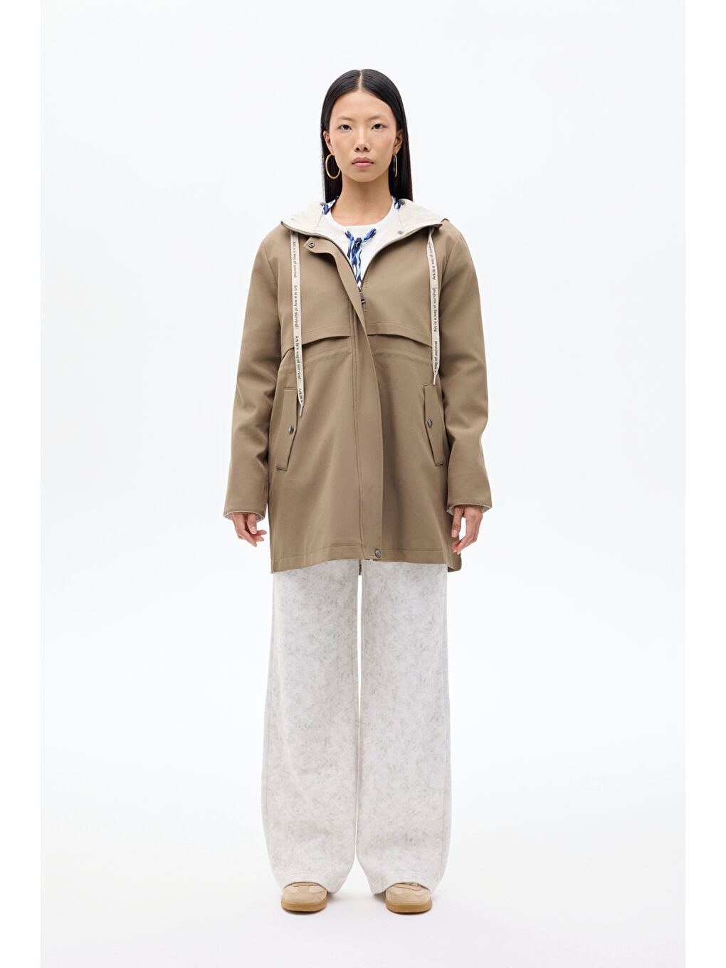 Kapüşonlu Fermuarlı Trençkot Haki