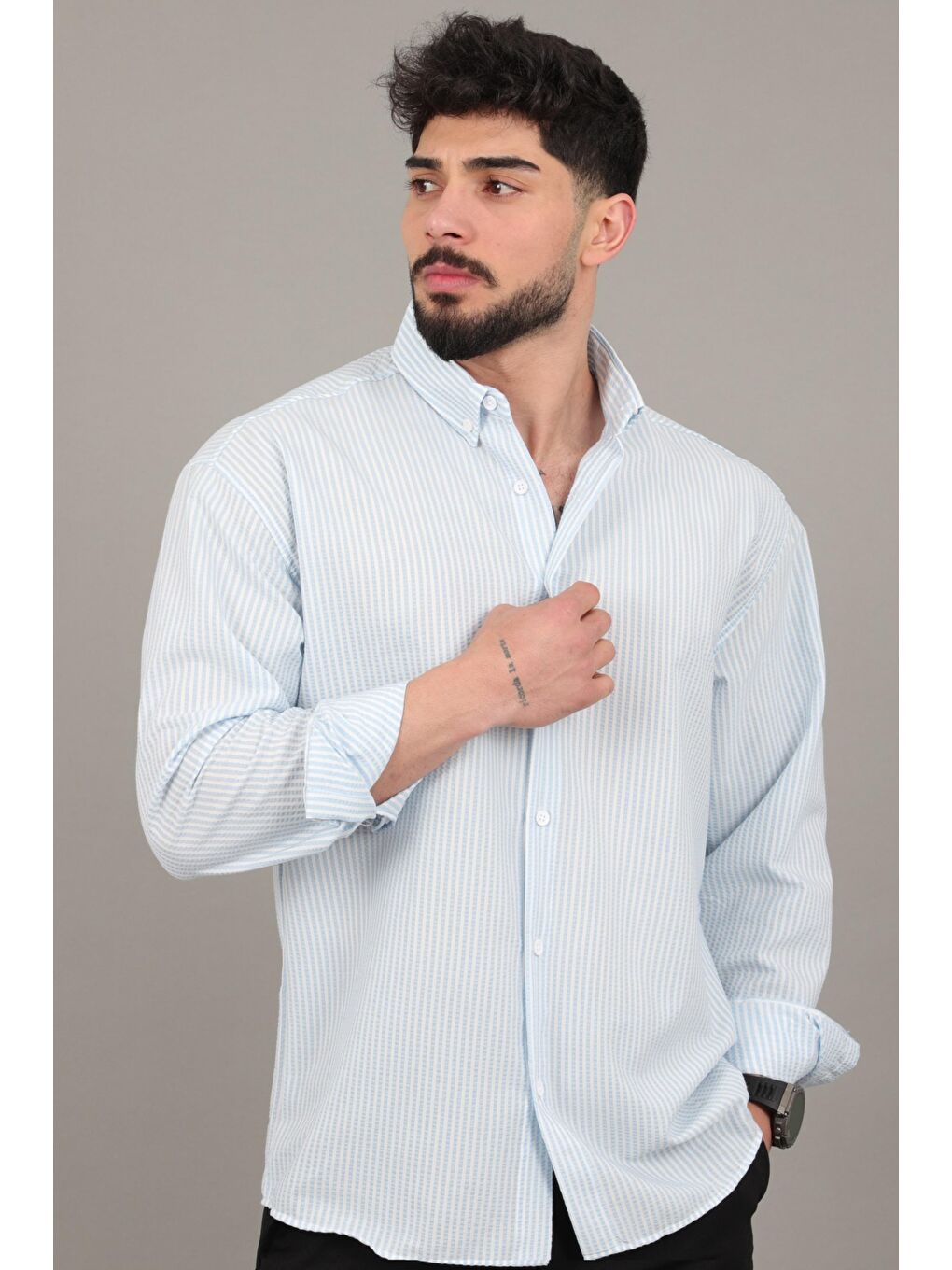 Mavi İnce Çizgili Oversize Yazlık Uzun Kol Gömlek MRS 218_40415-1