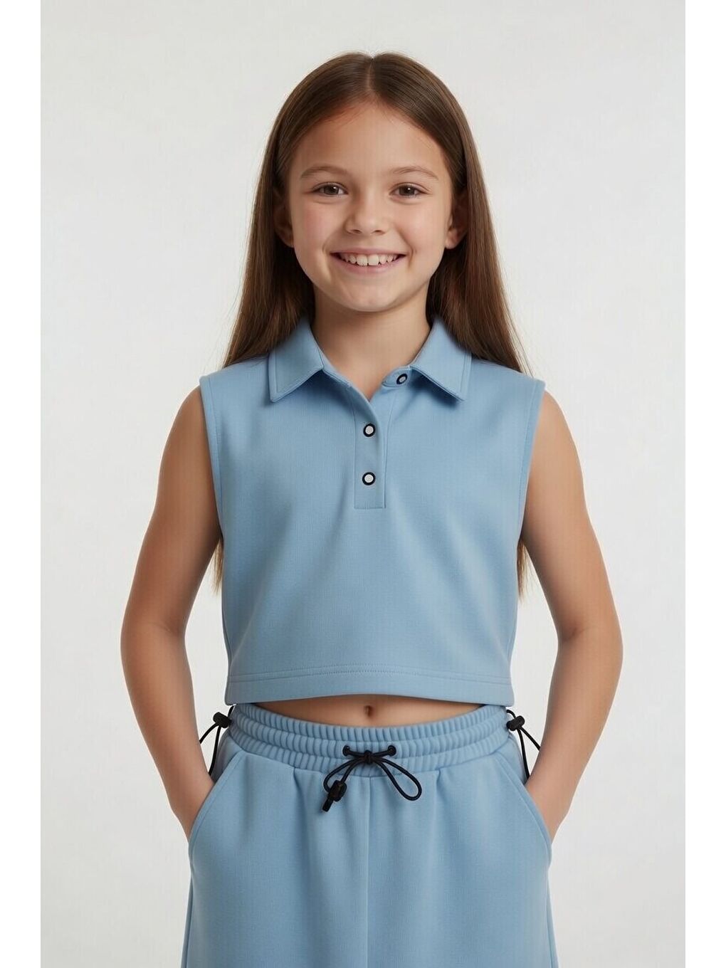 Açık Mavi Sıfır Kol Crop ve Yırtmaç Detaylı Etekli Kız Çocuk Alt Üst Takım 24007-3