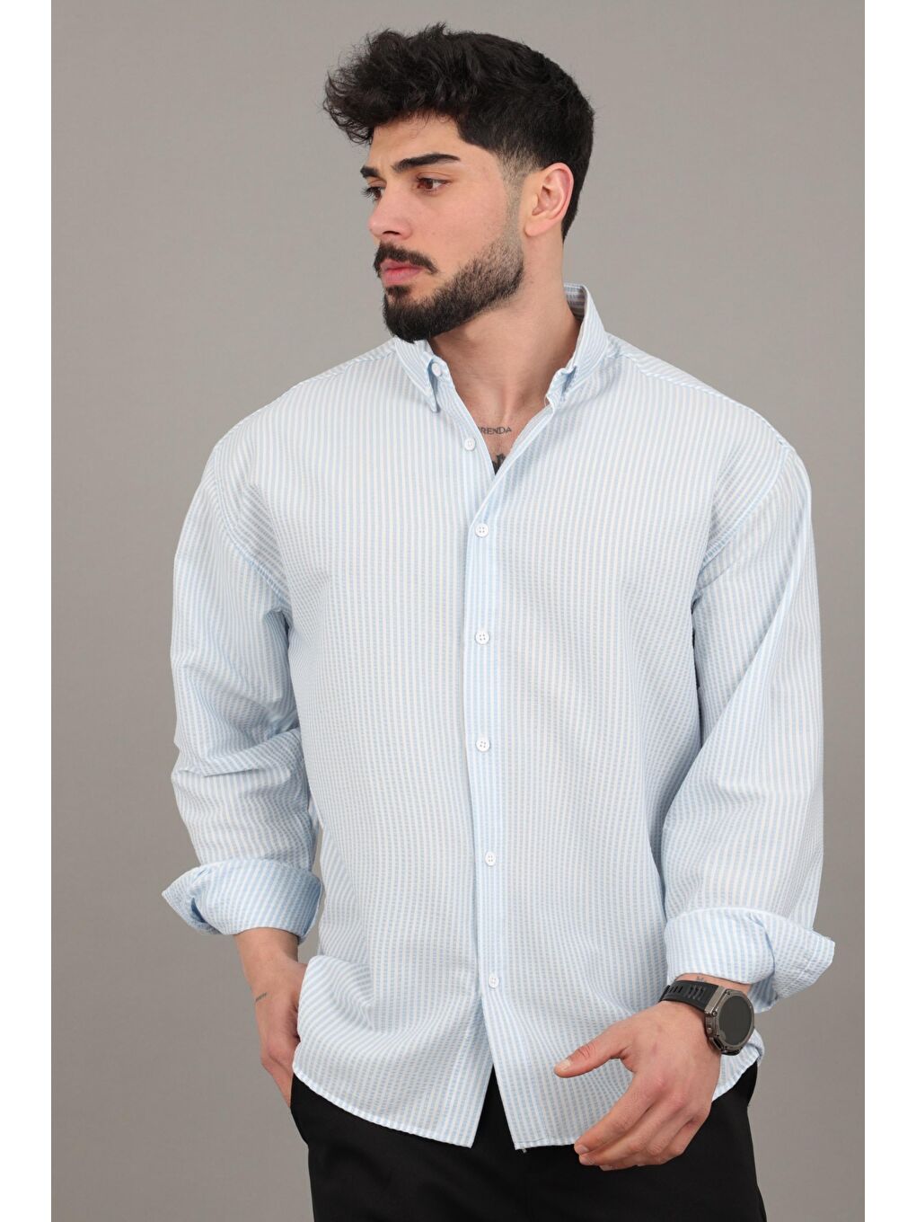 Mavi İnce Çizgili Oversize Yazlık Uzun Kol Gömlek MRS 218_40415-2