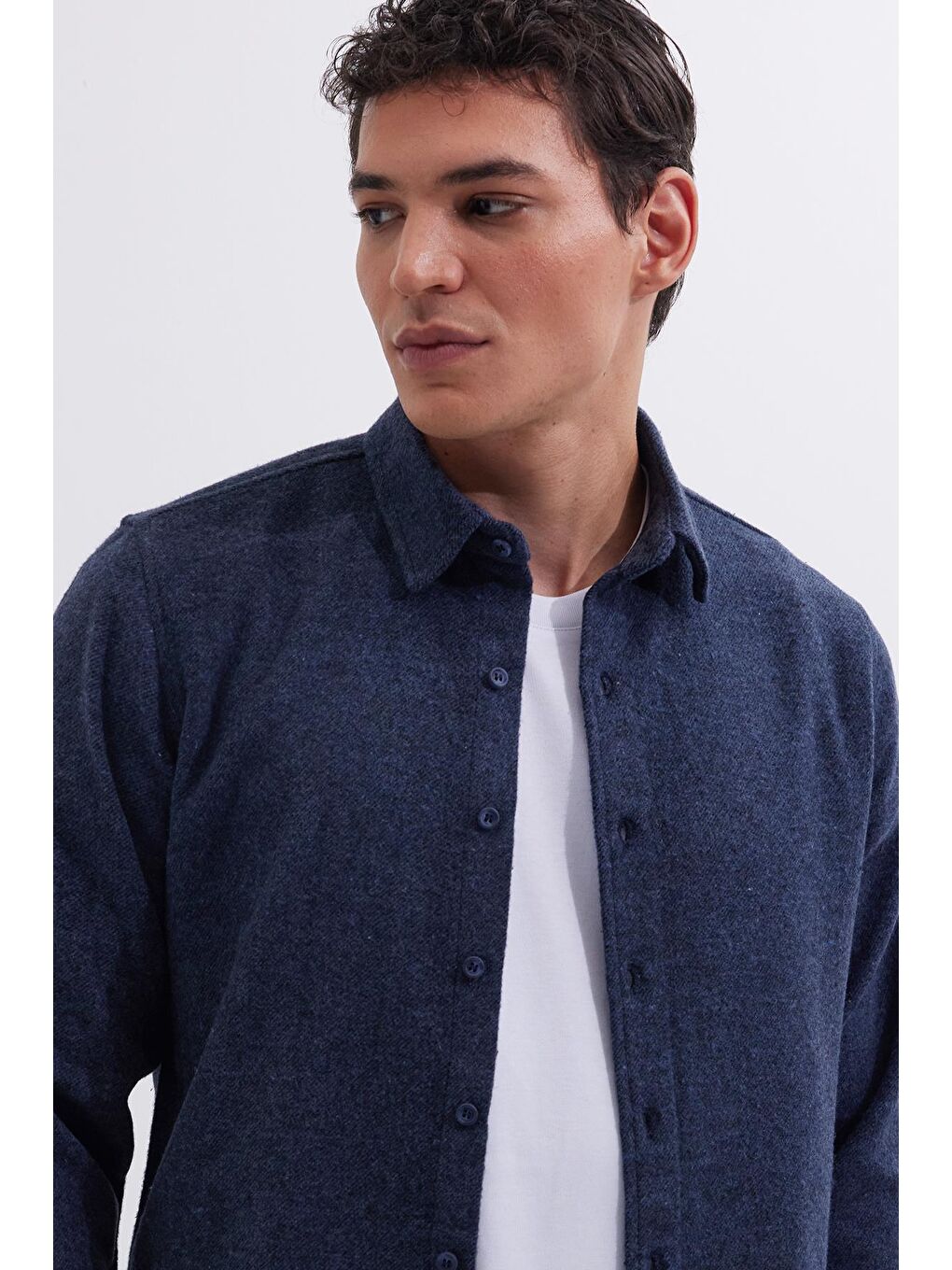 Erkek Slim Fit Dar Kesim Uzun Kollu Düz Kışlık Oduncu Lacivert Gömlek