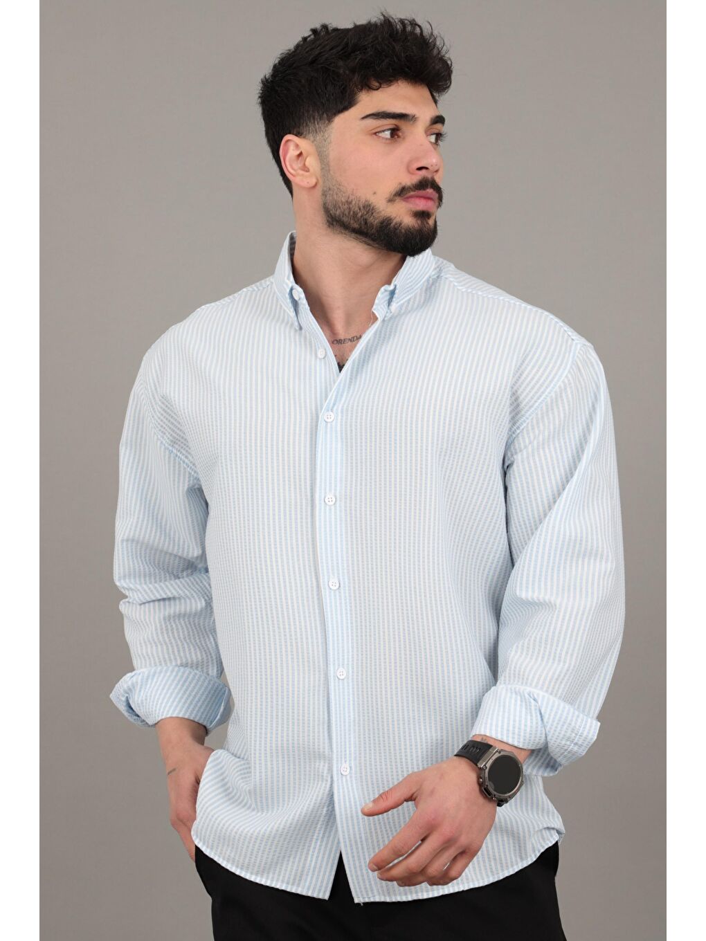 Mavi İnce Çizgili Oversize Yazlık Uzun Kol Gömlek MRS 218_40415-3