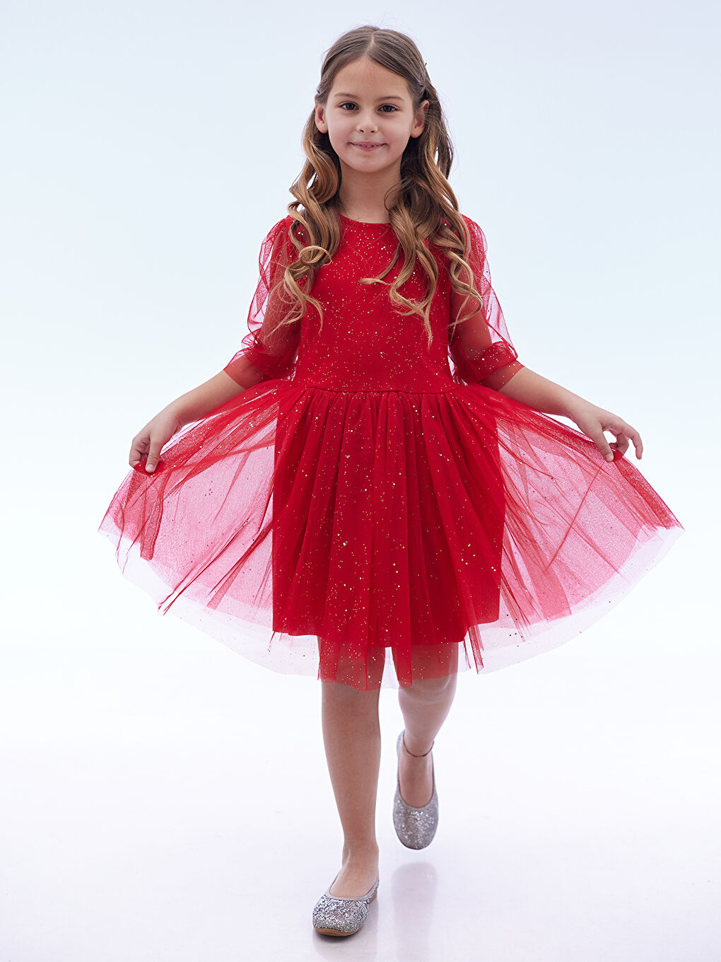 Kırmızı Kız Çocuk Yıldız Baskılı Trend Tül Elbise AK2246-1