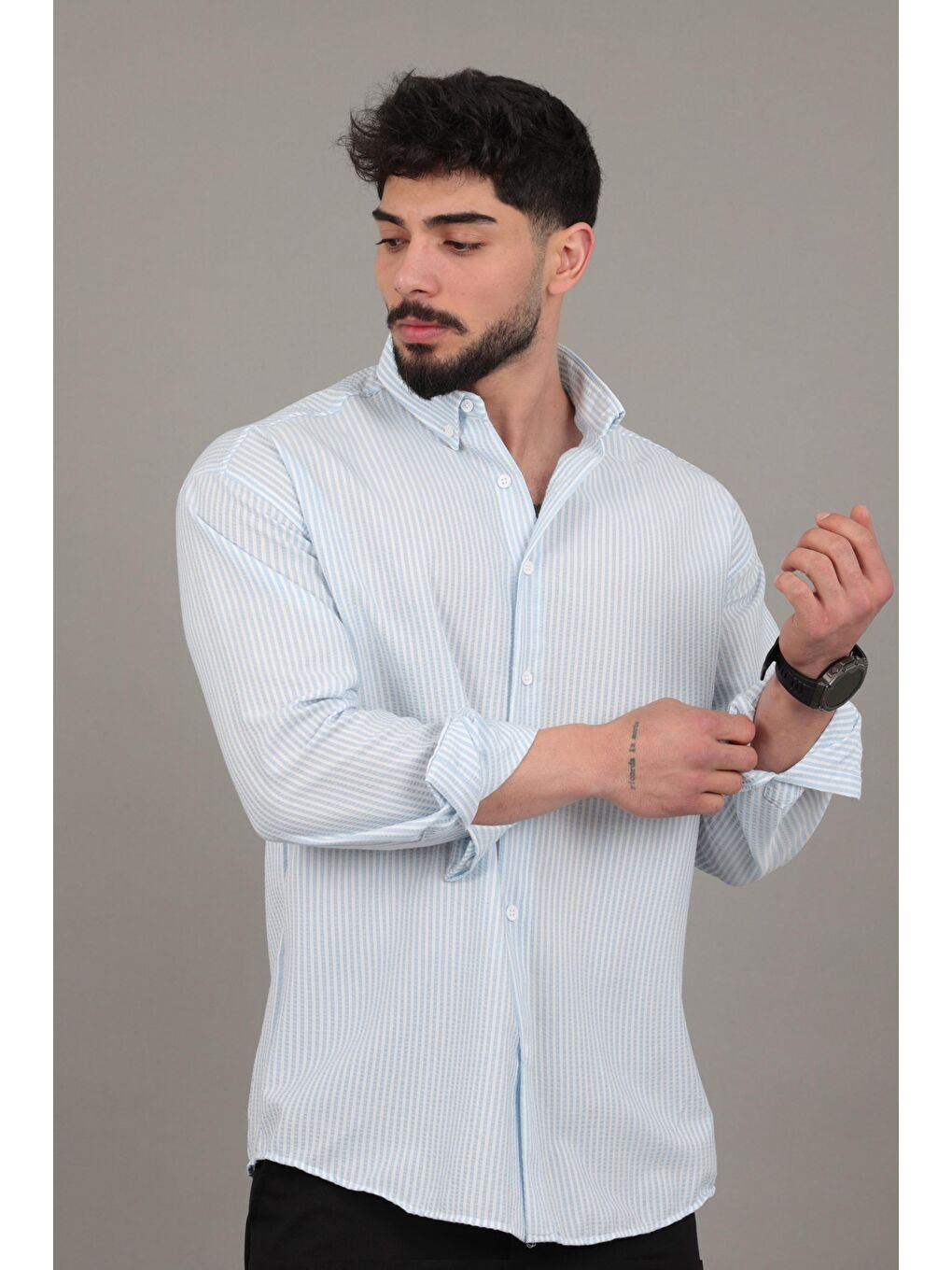 Mavi İnce Çizgili Oversize Yazlık Uzun Kol Gömlek MRS 218_40415-4