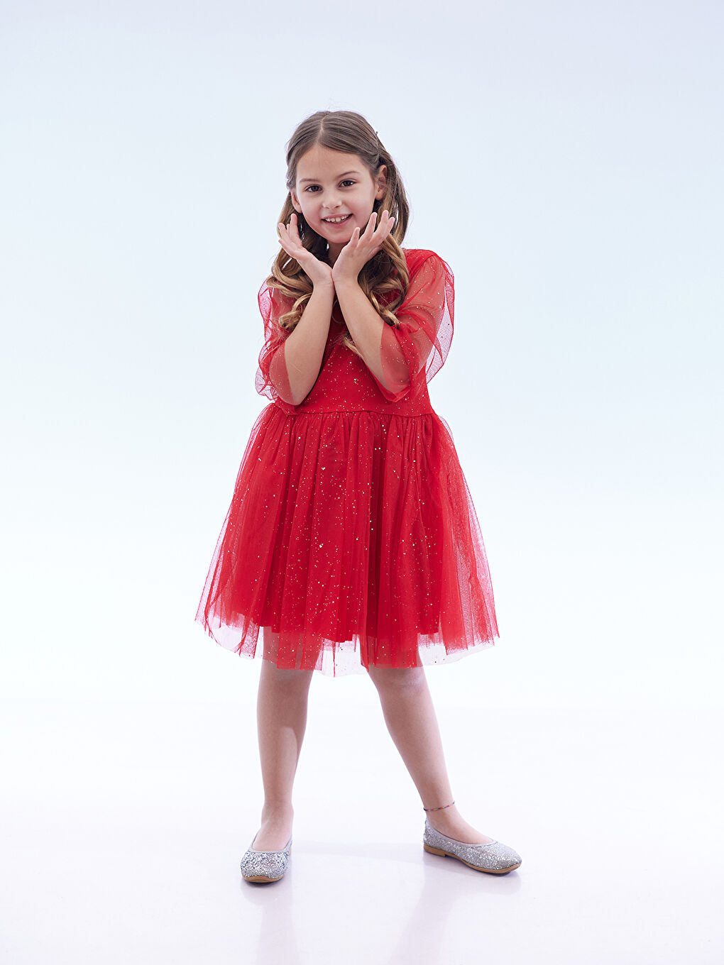Kırmızı Kız Çocuk Yıldız Baskılı Trend Tül Elbise AK2246-2