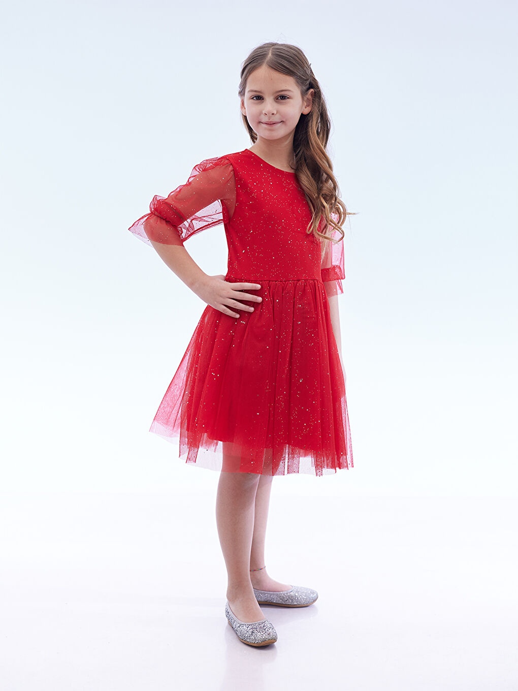 Kırmızı Kız Çocuk Yıldız Baskılı Trend Tül Elbise AK2246-3