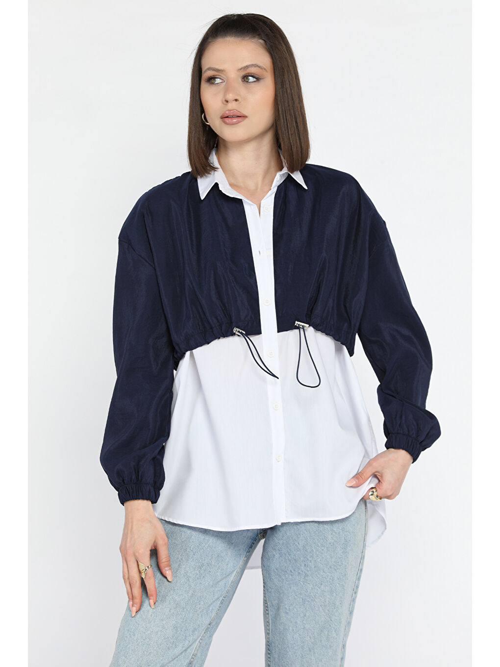 Lacivert Bel Büzgülü Kadın Paraşüt Garnili Gömlek-1