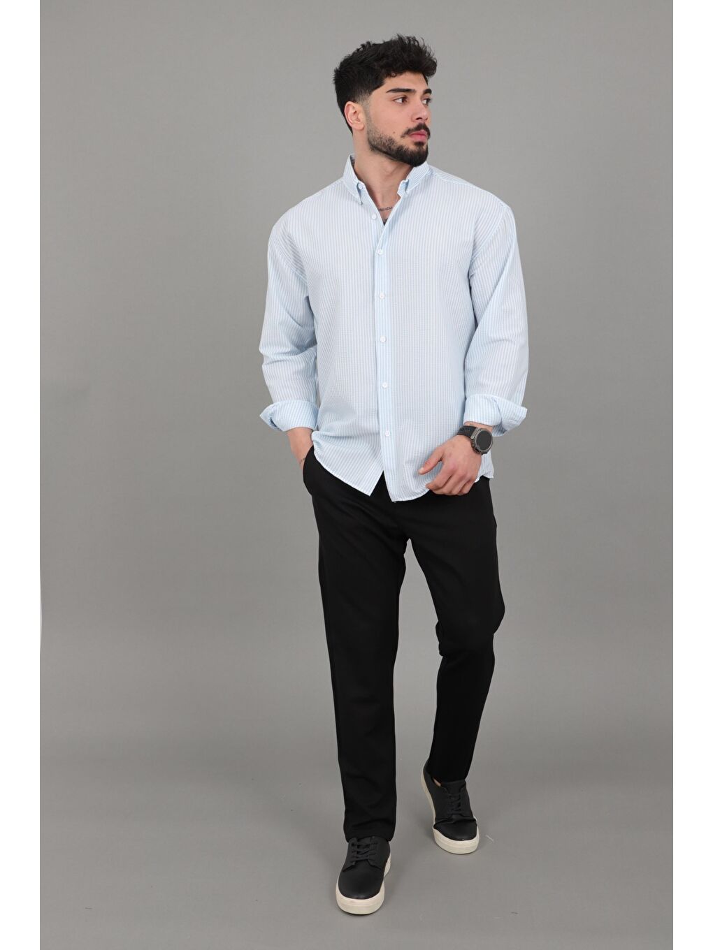 Mavi İnce Çizgili Oversize Yazlık Uzun Kol Gömlek MRS 218_40415-5