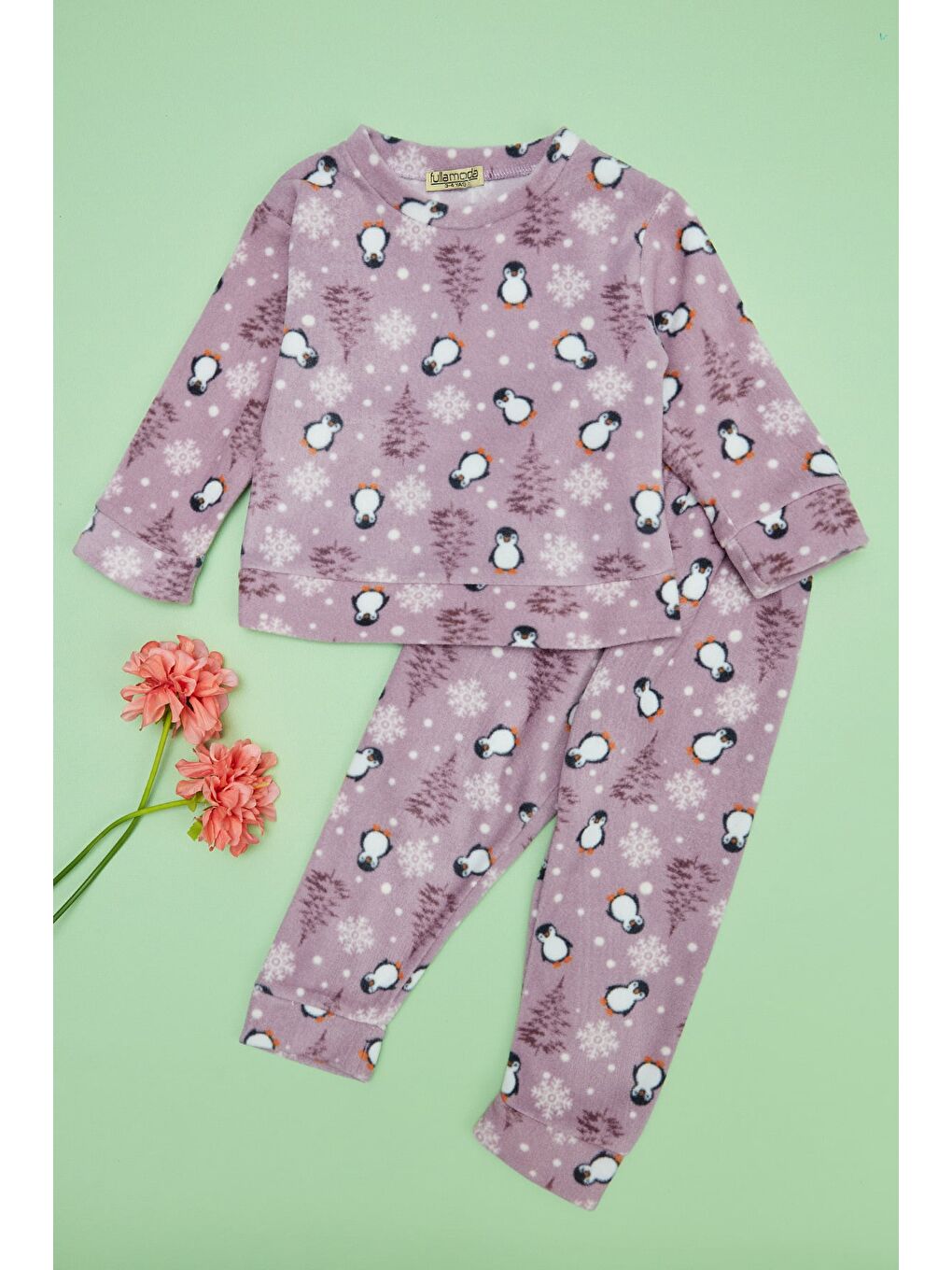 Mor Penguen Desenli Polar Unisex Çocuk Pijama Takımı-2