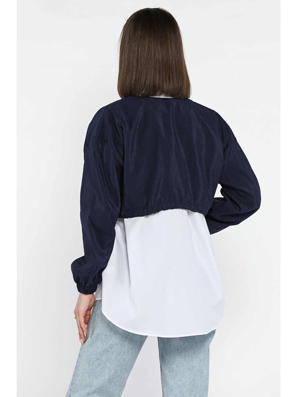 Lacivert Bel Büzgülü Kadın Paraşüt Garnili Gömlek-2