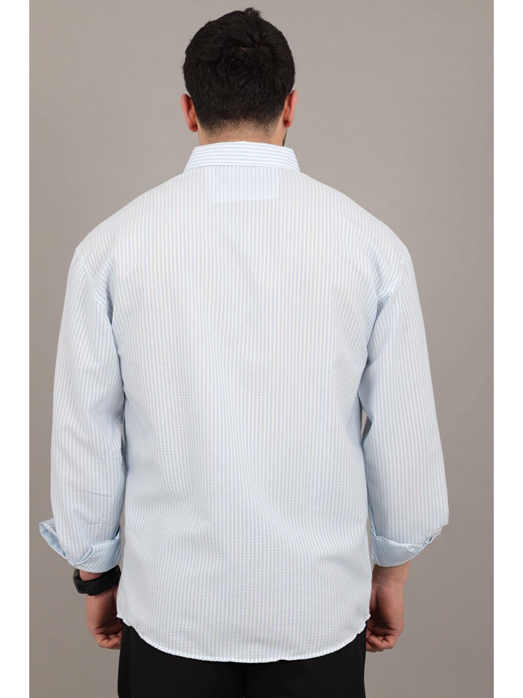 Mavi İnce Çizgili Oversize Yazlık Uzun Kol Gömlek MRS 218_40415-6