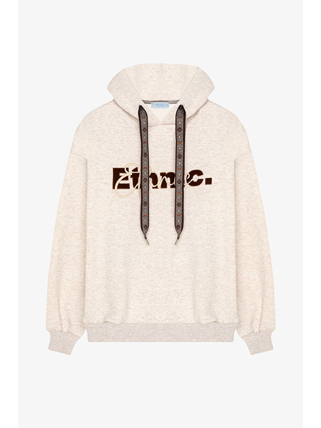 Yazı Nakışlı Kordonlu Oversize Sweatshirt Bej