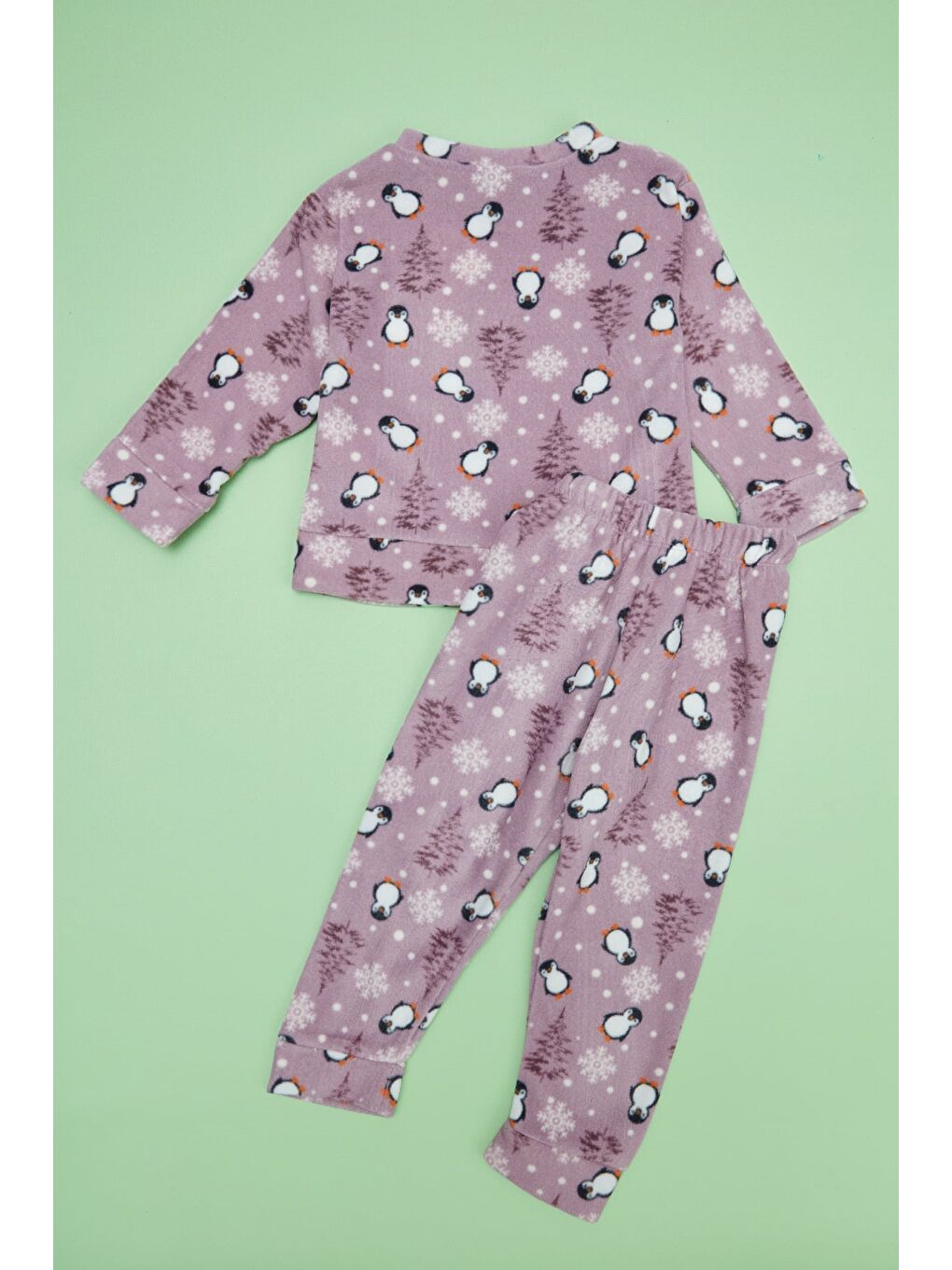 Mor Penguen Desenli Polar Unisex Çocuk Pijama Takımı-3