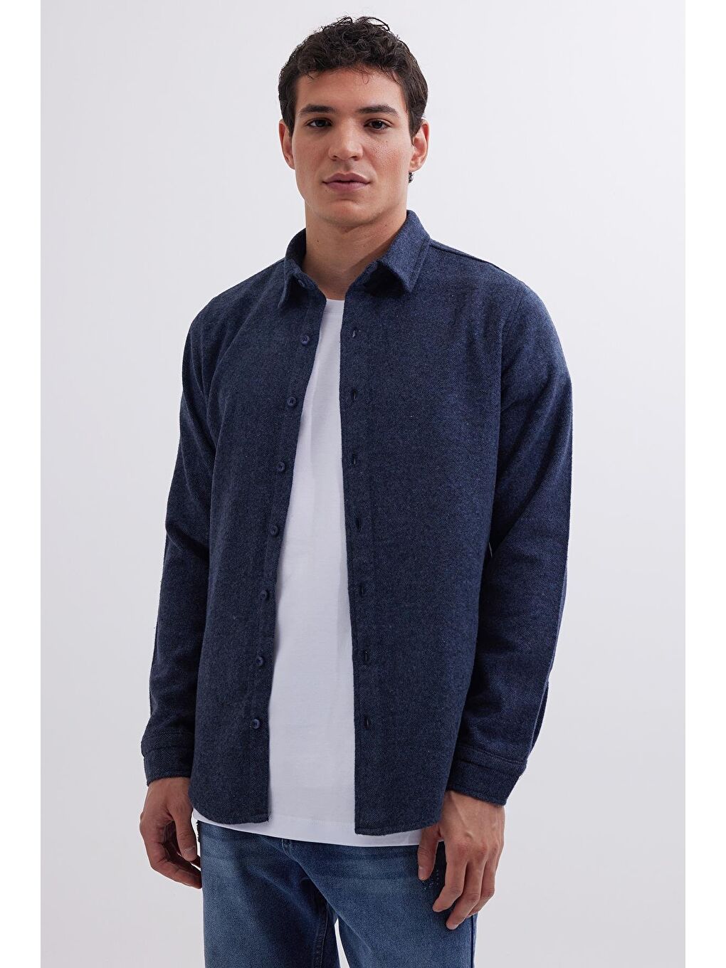 Erkek Slim Fit Dar Kesim Uzun Kollu Düz Kışlık Oduncu Lacivert Gömlek-1