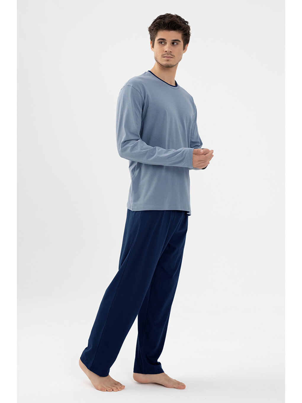 Mavi Erkek Pamuklu Double Yaka Uzun Kollu Cep Detaylı Pijama Takımı