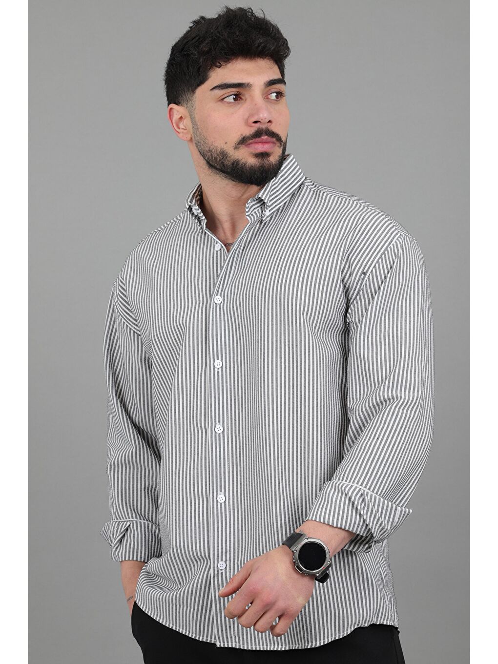 Gri İnce Çizgili Oversize Yazlık Uzun Kol Gömlek MRS 218_40415