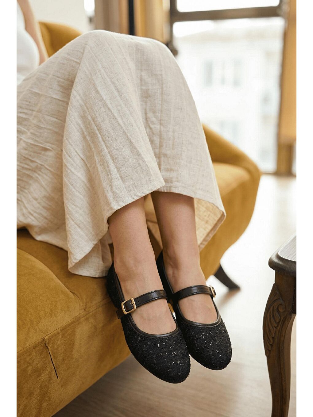 Siyah Tweed Dokulu Mary Jane Babet - Klasik Tokalı Zarif Ayakkabı