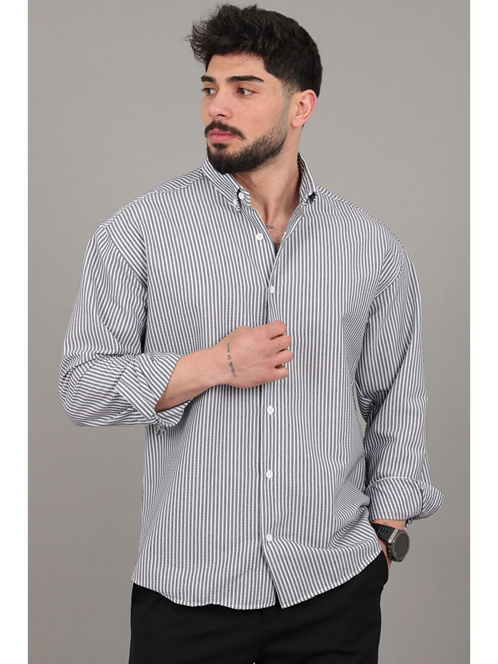 Lacivert İnce Çizgili Oversize Yazlık Uzun Kol Gömlek MRS 218_40415