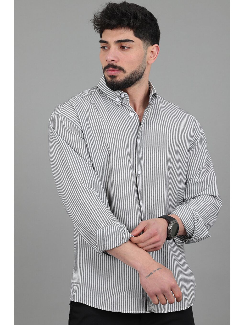 Gri İnce Çizgili Oversize Yazlık Uzun Kol Gömlek MRS 218_40415-1