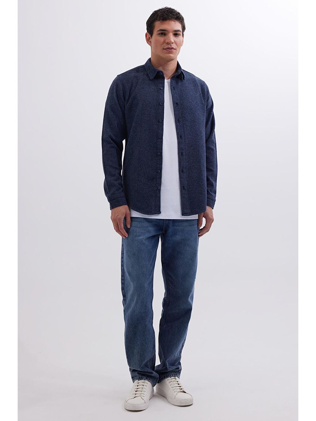 Erkek Slim Fit Dar Kesim Uzun Kollu Düz Kışlık Oduncu Lacivert Gömlek-3