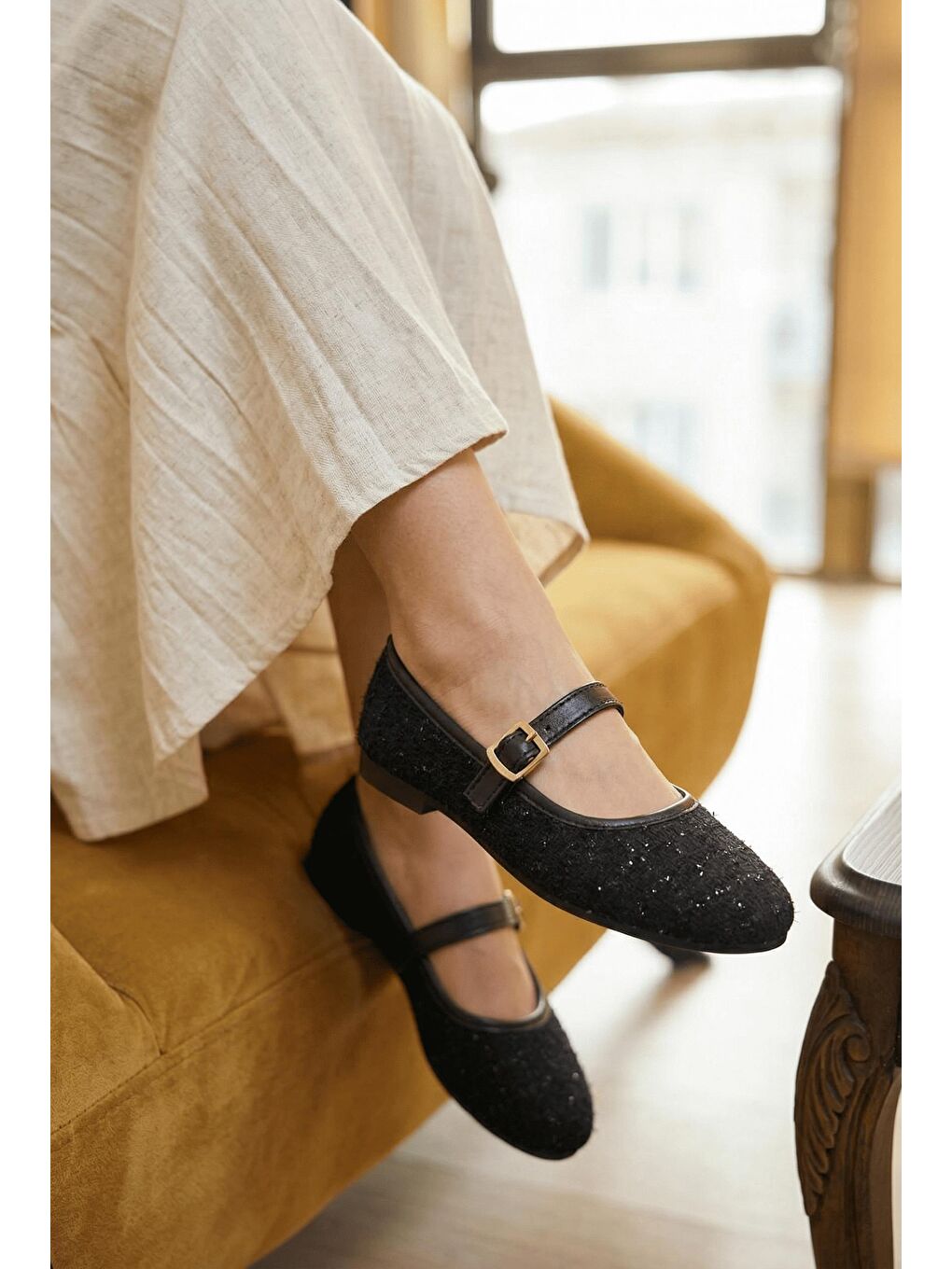 Siyah Tweed Dokulu Mary Jane Babet - Klasik Tokalı Zarif Ayakkabı-1